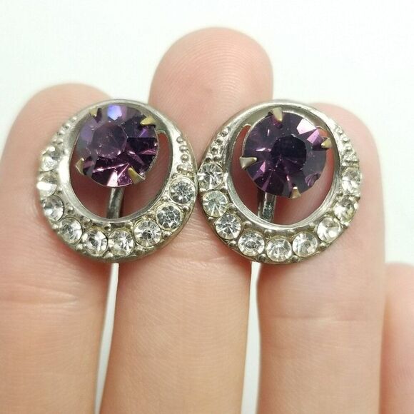 Vintage Crescent Moon / Eye Shape Clip On Earrings Purple Rhinestone Silver Tone - Picture 2 of 6